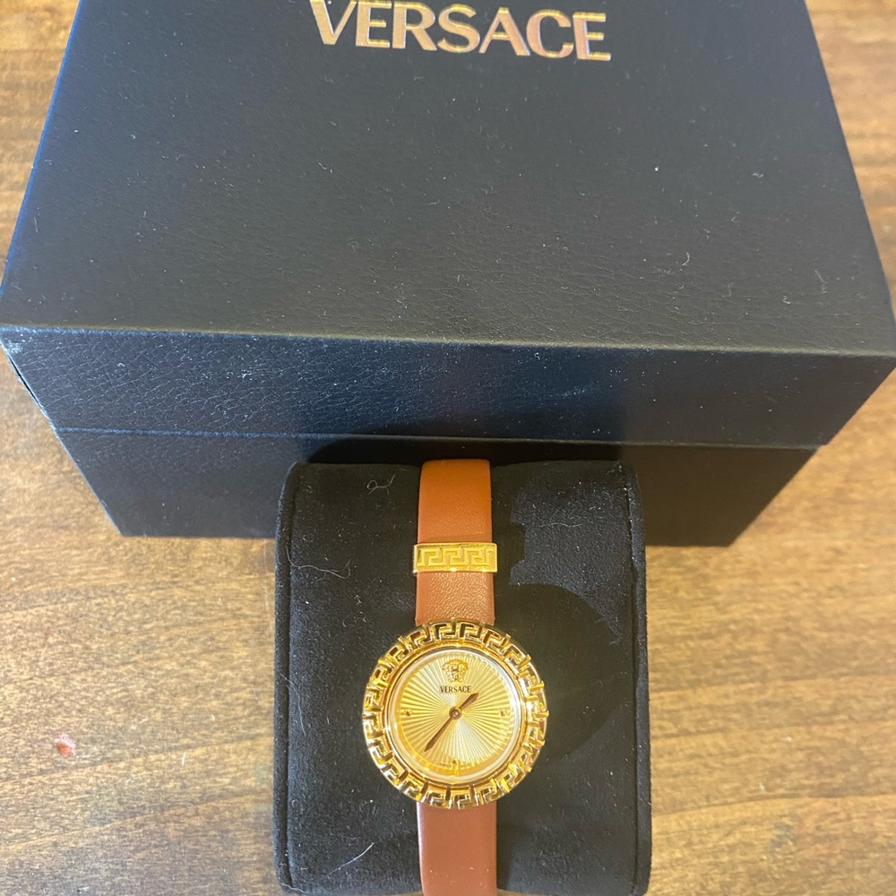 Versace Gold Watch with Tan Strap NEVER WORN